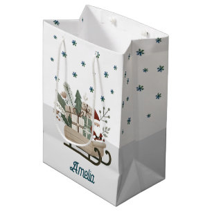 Boho Santa on Sleigh With Gifts Snowflakes Name Medium Gift Bag