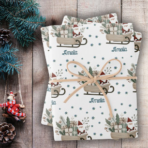 Boho Santa on Sleigh With Gifts Snowflakes Name Wrapping Paper Sheet