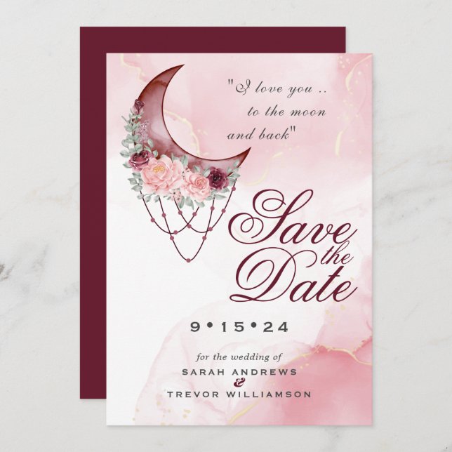 Boho Save the Date  Pink Maroon Crescent Moon Invitation (Front/Back)
