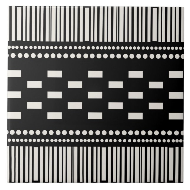 Boho Scandinavian Lines Dots Black White Ceramic Tile (Front)