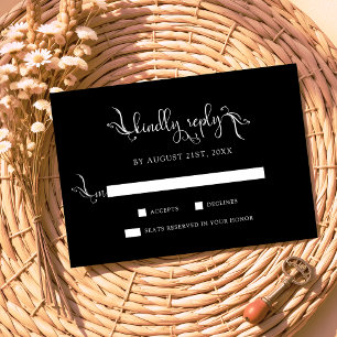 Boho Script Black Wedding Kindly Replay RSVP Cards