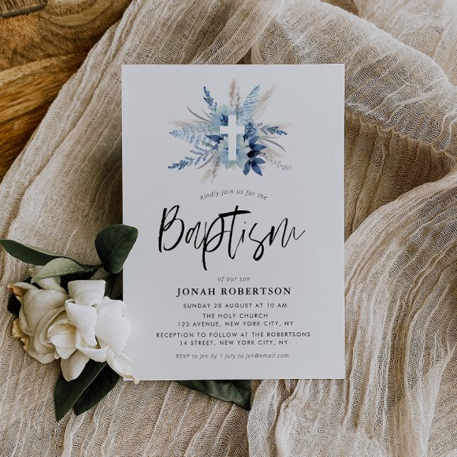 boho script blue floral cross baptism invitation (Creator Uploaded)