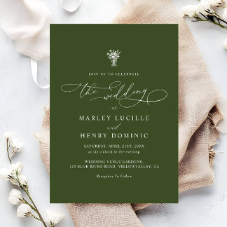 Boho Script Calligraphy Olive Green Wedding Invitation