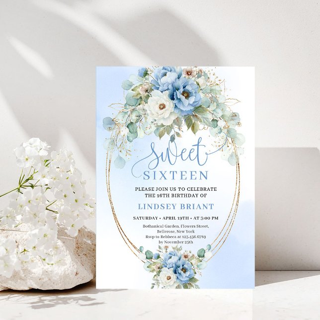 Boho Script Dusty Blue Peonies Gold Sweet Sixteen Invitation (Boho Script Dusty Blue Peonies Gold Sweet Sixteen Invitation)