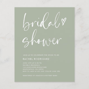 Boho Script Heart Sage Green Bridal Shower Invites Flyer