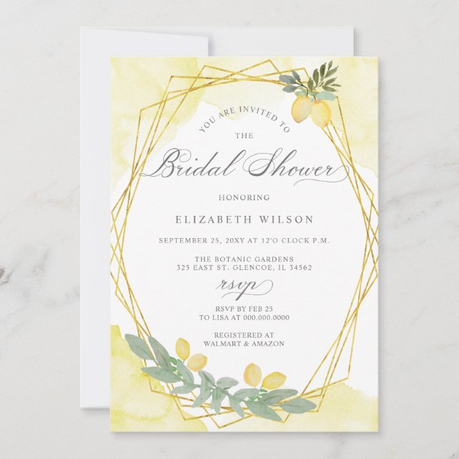 Boho Script Lemon Citrus Summer Bridal Shower Invitation (Front)