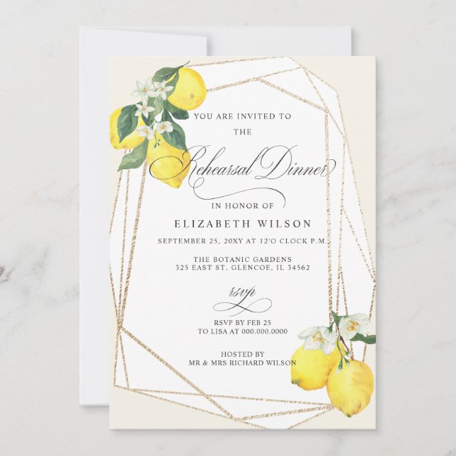 Boho Script Lemon Citrus Summer Rehearsal Dinner Invitation (Front)