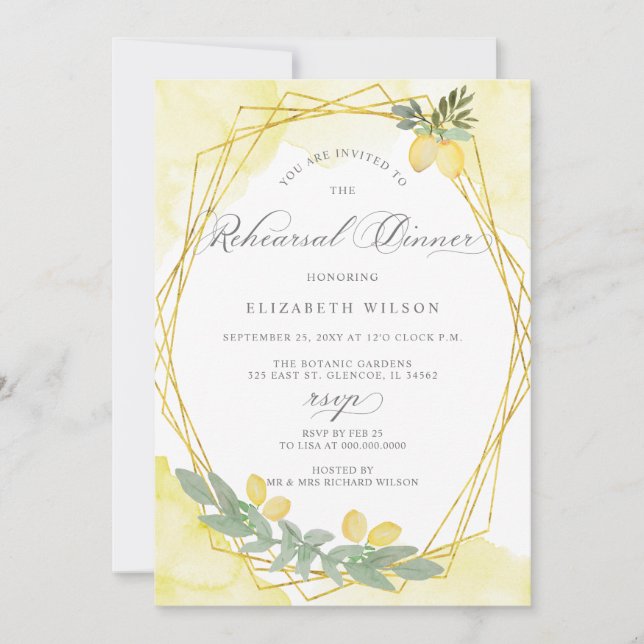 Boho Script Lemon Citrus Summer Rehearsal Dinner Invitation (Front)