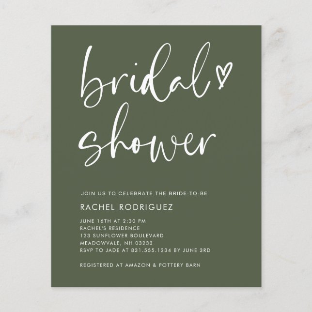 Boho Script Olive Green Bridal Shower Invites (Front)