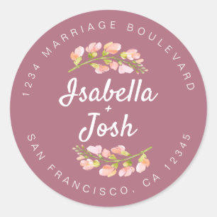 Boho Script Pink Floral Wedding Return Address Classic Round Sticker