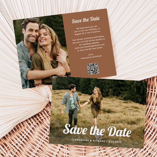 Boho Script | Two Photo and QR Code Save The Date (A trendy, retro save the date card with two photos and a scannable QR code)