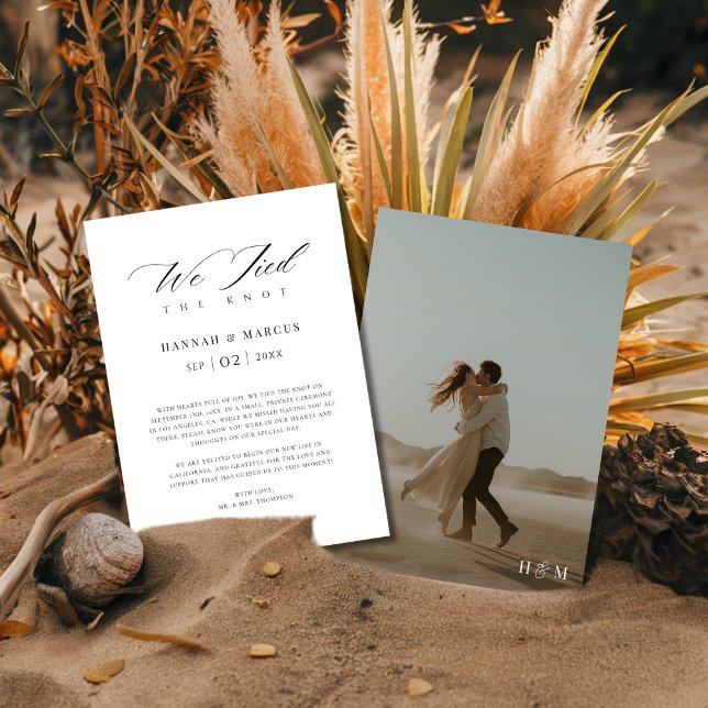 Boho Script We Tied The Knot Modern Wedding Photo  Announcement (Creator Uploaded)