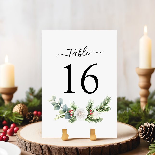 Boho Script Winter Greenery Evergreen Wedding Table Number (Creator Uploaded)