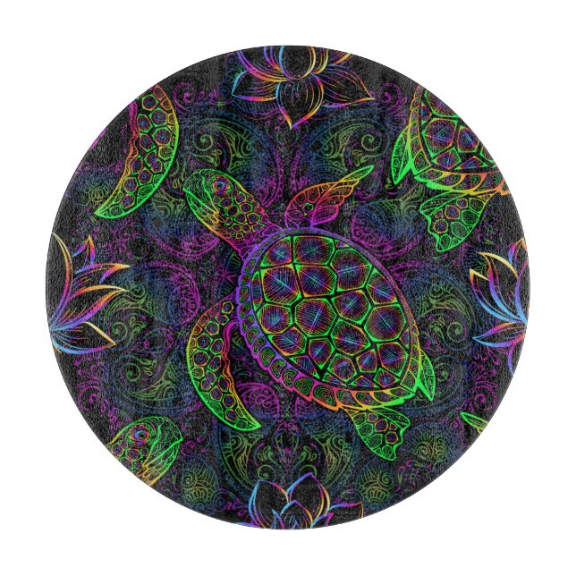 Boho Sea Turtle: Psychedelic Mandala Pattern Cutting Board (Front)