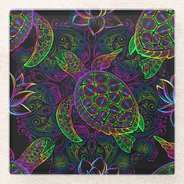 Boho Sea Turtle: Psychedelic Mandala Pattern Glass Coaster (Front)