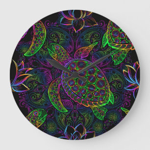 Boho Sea Turtle: Psychedelic Mandala Pattern Large Clock