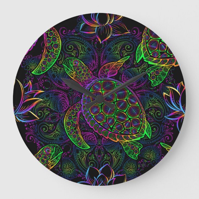 Boho Sea Turtle: Psychedelic Mandala Pattern Large Clock (Front)