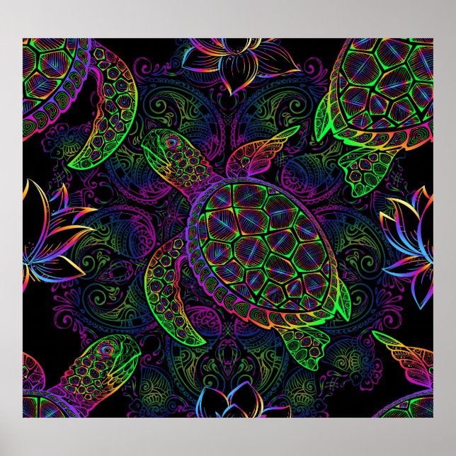Boho Sea Turtle: Psychedelic Mandala Pattern Poster (Front)