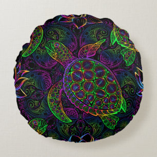 Boho Sea Turtle: Psychedelic Mandala Pattern Round Cushion