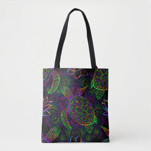 Boho Sea Turtle: Psychedelic Mandala Pattern Tote Bag (Front)