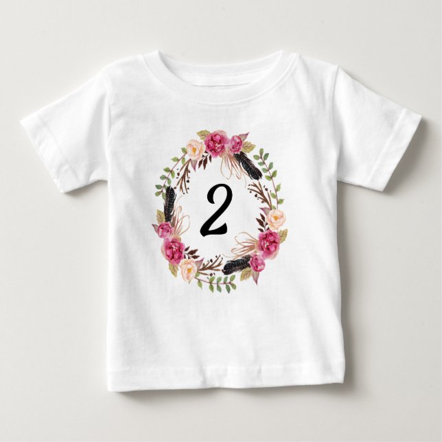 Boho Second Birthday Party 2nd Year Floral Girly Baby T-Shirt (Front)