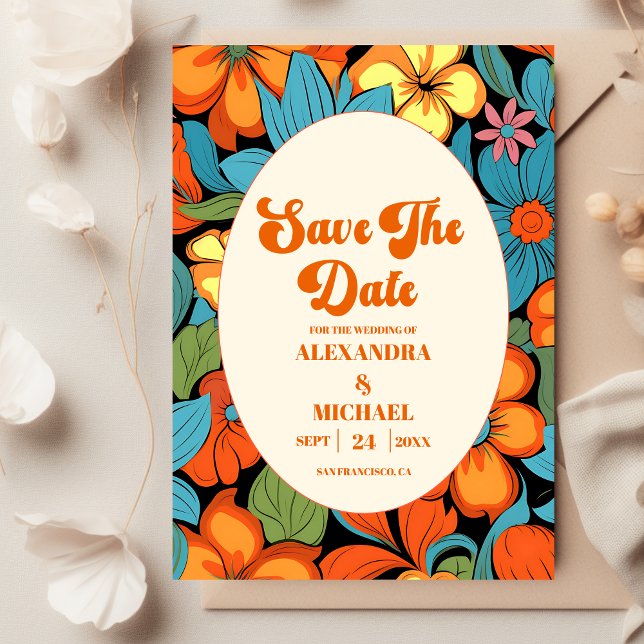 Boho Seventies Retro Floral Wedding Save The Date (Creator Uploaded)