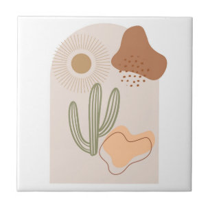 Boho Shapes Abstract Beige Terracotta Sun Cactus Ceramic Tile