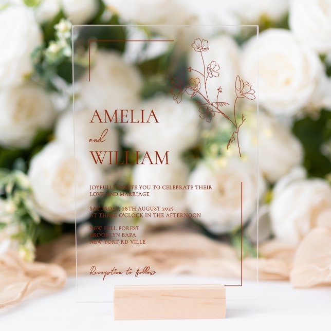 Boho Sienna Terracotta Floral Wedding  Acrylic Invitations (Creator Uploaded)
