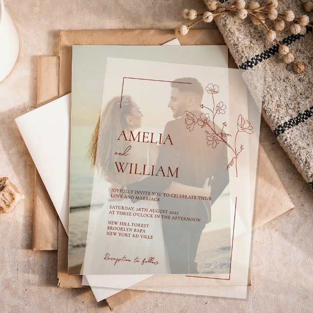 Boho Sienna Terracotta Floral Wedding Vellum Invitations (Creator Uploaded)