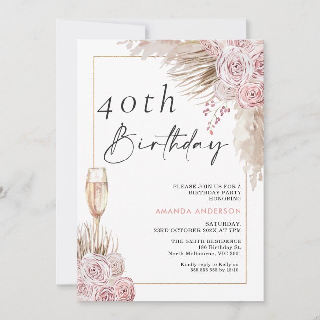 Boho Silk Roses Pampas Grass Birthday Invitation (Front)