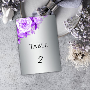 Boho Silver and Purple Roses Wedding  Table Number