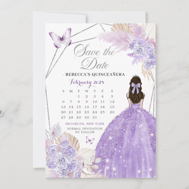 Boho Silver Lilac 15 Años Save The Date Calendar Invitation (Front)