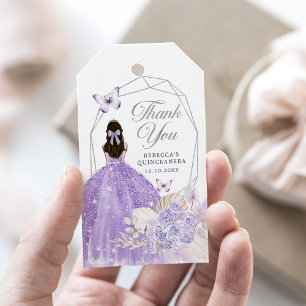 Boho Silver Purple Floral Butterfly Quinceañera Gift Tags