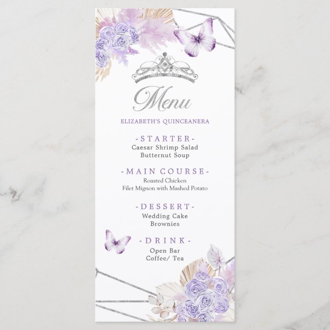 Boho Silver Purple Floral Butterfly Quinceañera Menu (Front)