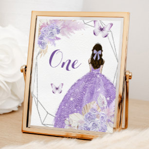 Boho Silver Purple Flowers Quinceañera Table Number