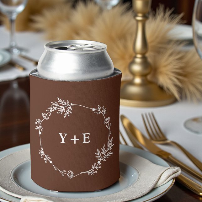 Boho Simple Brown Monogrammed Wedding Can Cooler (Creator Uploaded)