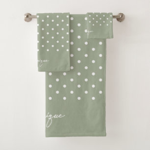 Boho Simple Modern Girly Neutral Polka Dot Sage Bath Towel Set
