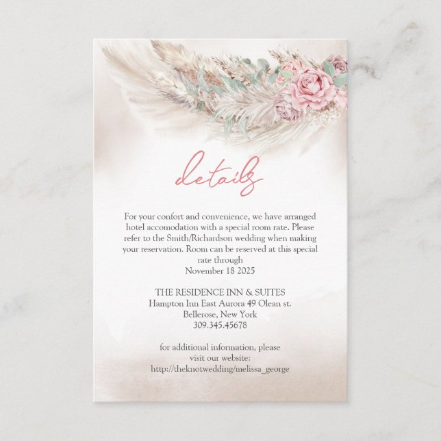 Boho simple pampas and dusty rose wedding Details Enclosure Card (Front)