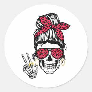 Boho Skeleton Peace Sign Messy Bun Ndana Halloween Classic Round Sticker