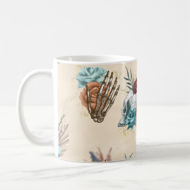 Boho Skull and Skeleton with Flowers Coffee Mug (Left)