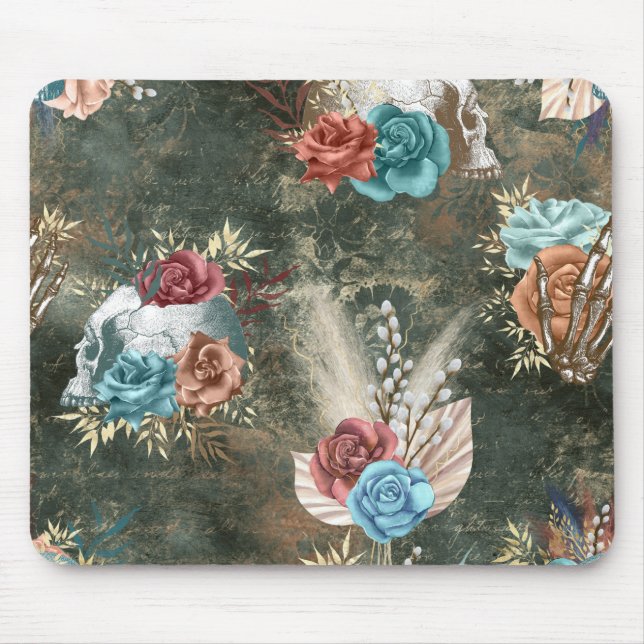 Boho Skull and Skeleton with Flowers Mouse Pad (Front)