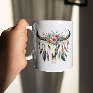 Boho Skull Native American Indian Colorful Feather Coffee Mug