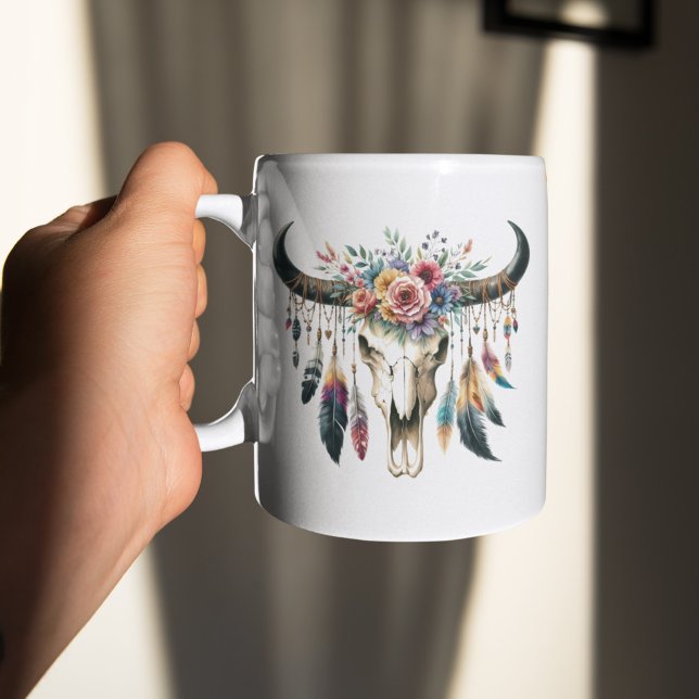 Boho Skull Native American Indian Colourful Feathe Coffee Mug (Creator Uploaded)