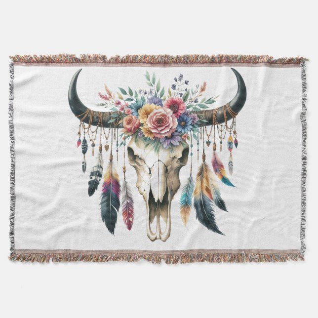 Boho Skull Native American Indian Colourful Feathe Throw Blanket (Front)