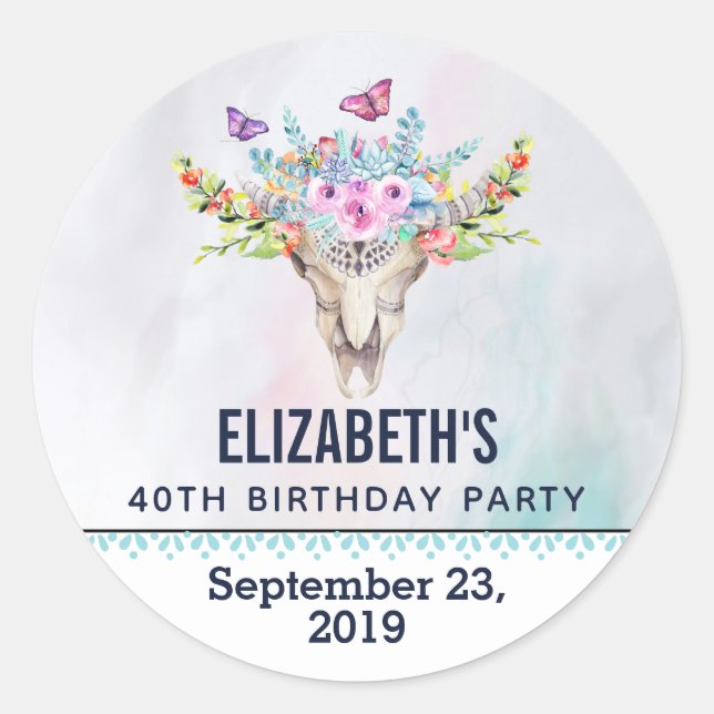 Boho Skull with a Floral Bouquet Save the Date Classic Round Sticker (Front)