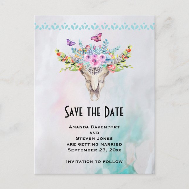 Boho Skull with a Floral Bouquet Save the Date Postcard (Front)
