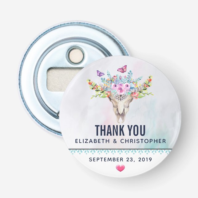 Boho Skull with a Floral Bouquet Wedding Bottle Opener (Front)