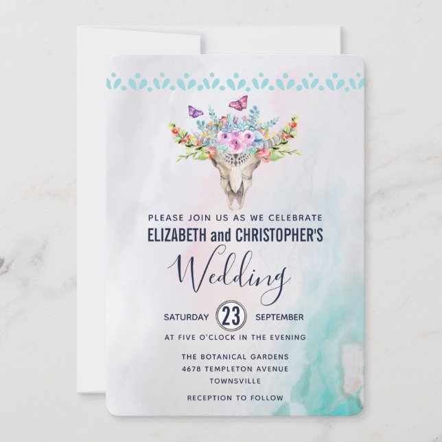 Boho Skull with a Floral Bouquet Wedding Invitation (Front)