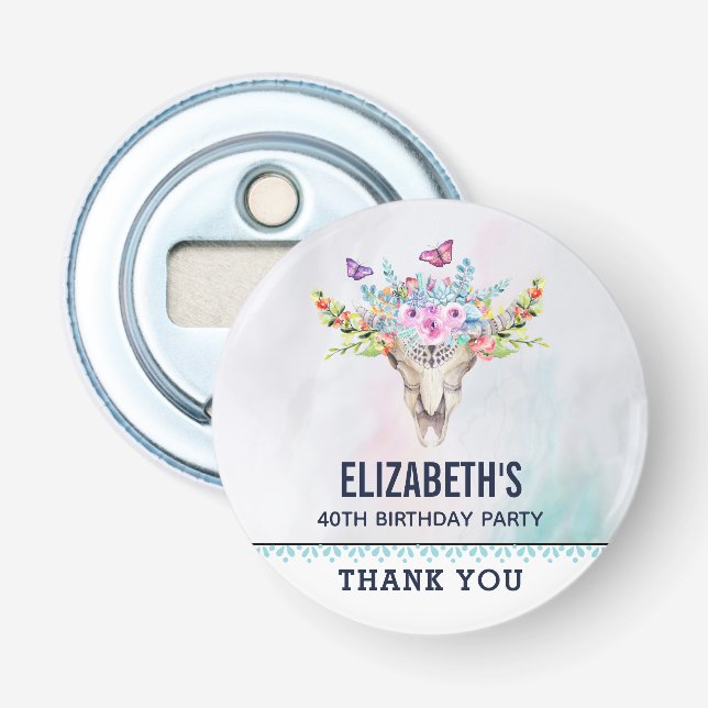 Boho Skull with Butterflies and Flowers Birthday Bottle Opener (Front)