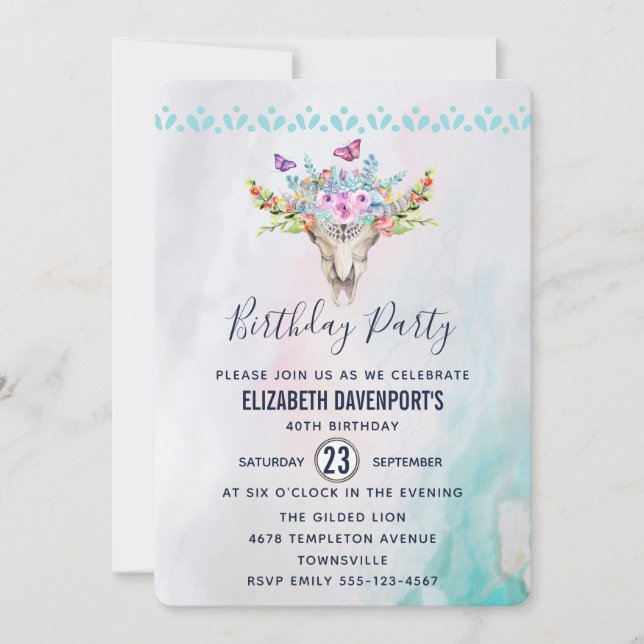 Boho Skull with Butterflies and Flowers Birthday Invitation (Front)